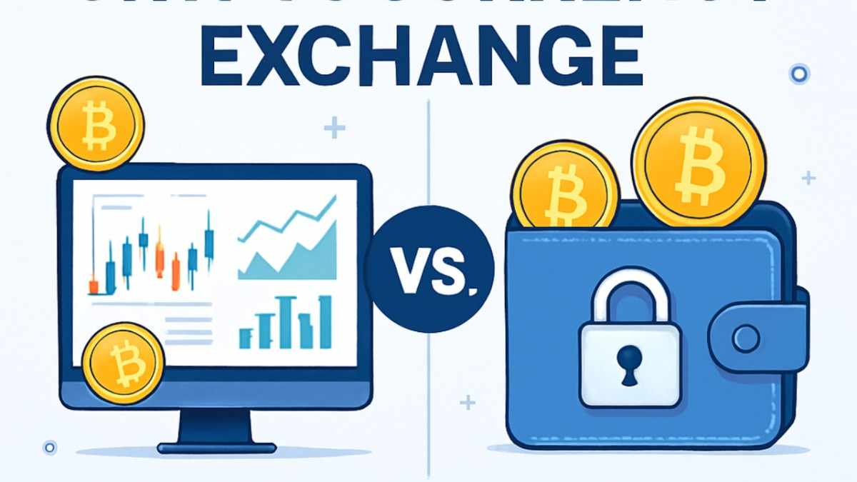 Infographic comparing cryptocurrency exchanges and wallets, showing differences in custody, private keys, security risks, and purpose for crypto users in 2025.