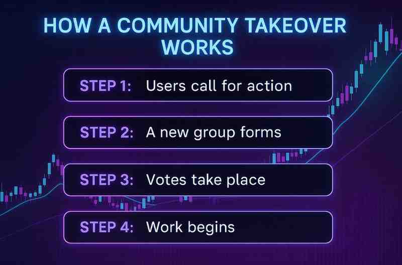 Banner explaining step-by-step how a Community Takeover works in crypto.