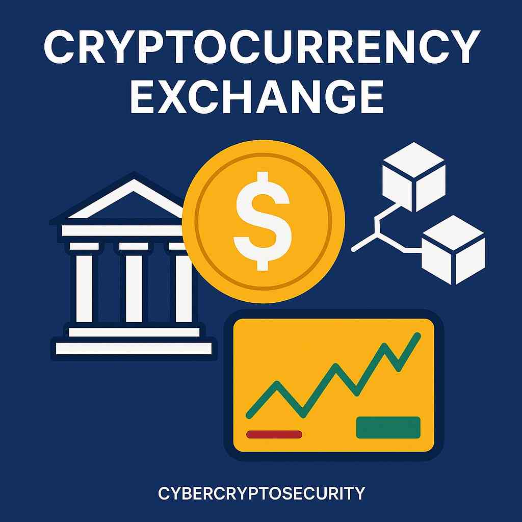 Flat digital infographic illustrating a cryptocurrency exchange with trading chart, blockchain icons, and digital coin symbol, representing how exchanges facilitate crypto trading and custody in 2025.