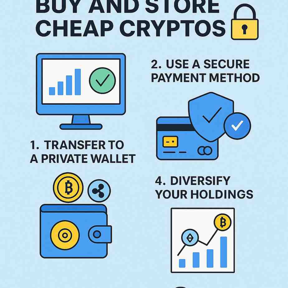 Secure crypto buying and storage guide graphic with Bitcoin laptop, padlock, and Dogecoin coin