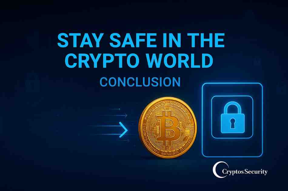 “Cybersecurity-focused conclusion banner with lock symbol, glowing charts, and safe crypto investment visuals.”