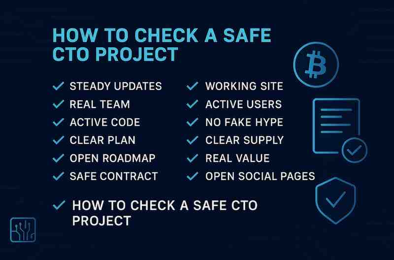 Landscape graphic showing checklist for evaluating safe CTO crypto projects.