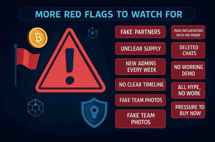 Warning-style infographic showing major red flags to watch for in CTO crypto projects.