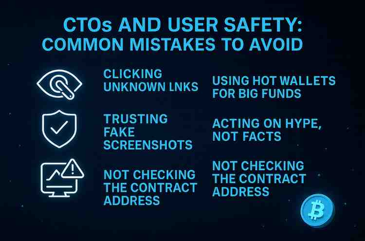 Cybersecurity-focused graphic showing common safety mistakes in CTO crypto participation.