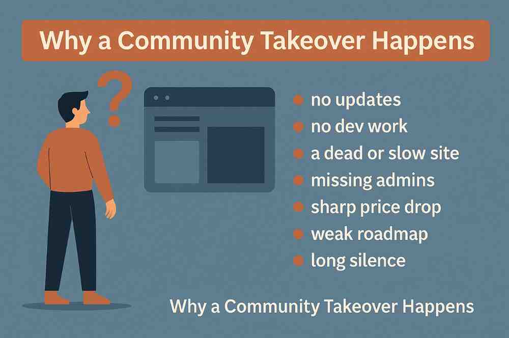 Infographic showing why a Community Takeover happens, with warning icons and a cyber-style layout.