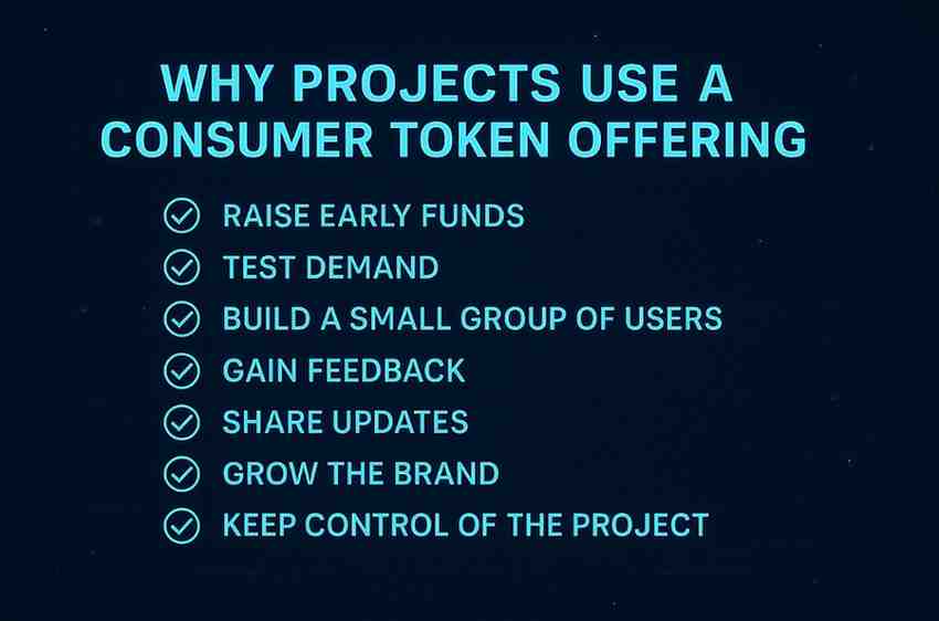 Dark blue banner listing reasons why crypto projects use a Consumer Token Offering.