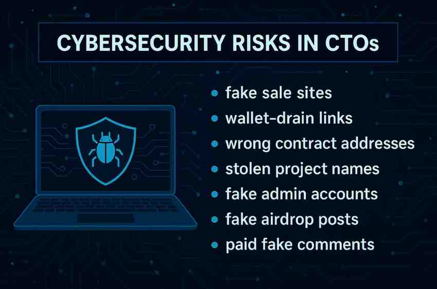 Graphic showing cybersecurity risks in CTOs, including scams, fake links, and wallet threats.