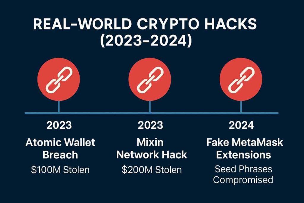 Timeline infographic highlighting major crypto hacks from 2023 to 2024, including Atomic Wallet Breach, Mixin Network Hack, and Fake MetaMask Extensions scam.