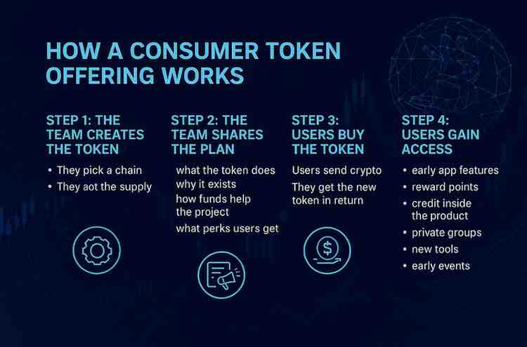 Infographic showing steps of how a Consumer Token Offering works in a clean blue crypto layout.