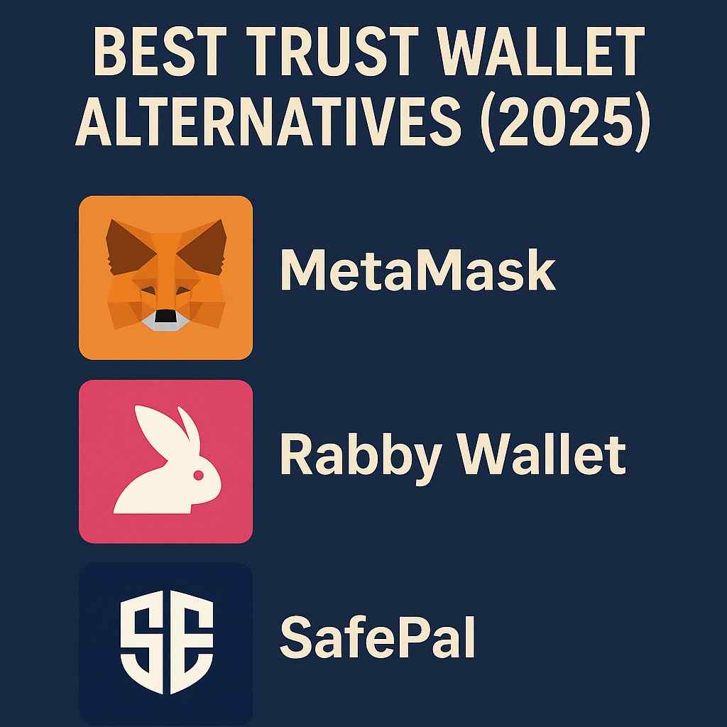 Infographic listing the best Trust Wallet alternatives in 2025 including MetaMask, Rabby Wallet, and SafePal for secure crypto storage and multi-chain use.