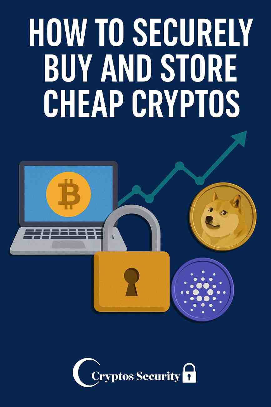 Secure crypto buying and storage guide graphic with Bitcoin laptop, padlock, and Dogecoin coin